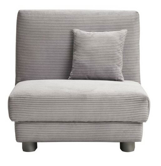 Grauer Funktionssessel mit geripptem Stoffbezug und passendem Kissen, frontal betrachtet.