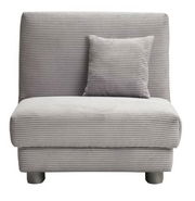 Grauer Funktionssessel mit geripptem Stoffbezug und passendem Kissen, frontal betrachtet.