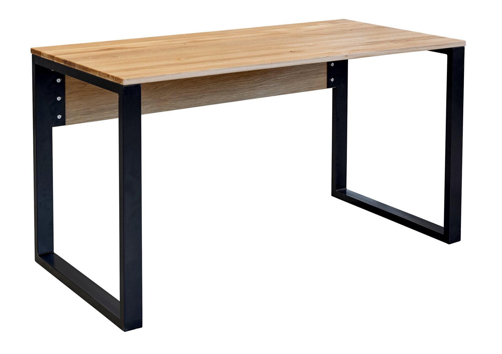 Linea Natura Schreibtisch DALLAS Rechteckiger Esstisch mit naturfarbener Holzplatte und schwarzem Metallgestell im Industrial-Design, schräg von vorn in leichter Draufsicht freigestellt