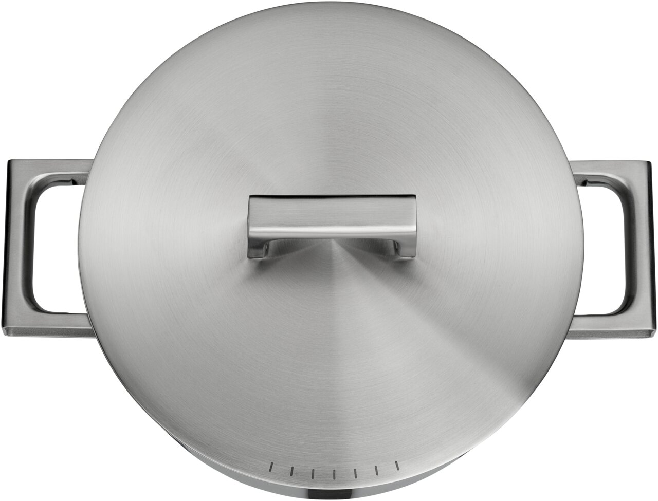 Top-Down-Ansicht eines Edelstahlkochtopfs mit Deckel und zwei Griffen, Teil des WMF Ultimate Cool Topf-Sets.