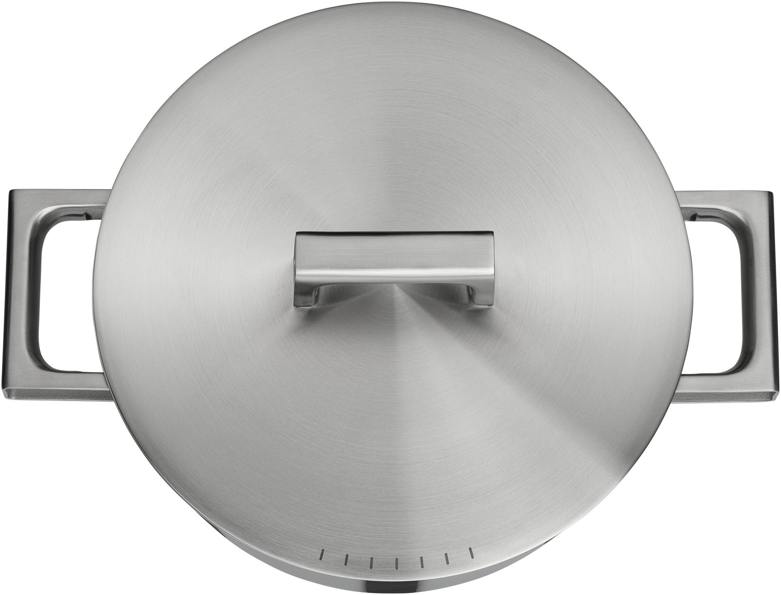 Top-Down-Ansicht eines Edelstahlkochtopfs mit Deckel und zwei Griffen, Teil des WMF Ultimate Cool Topf-Sets.