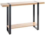 Moderne Konsole aus Holz mit schwarzem Metallrahmen, seitliche Perspektive