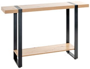Moderne Konsole aus Holz mit schwarzem Metallrahmen, seitliche Perspektive