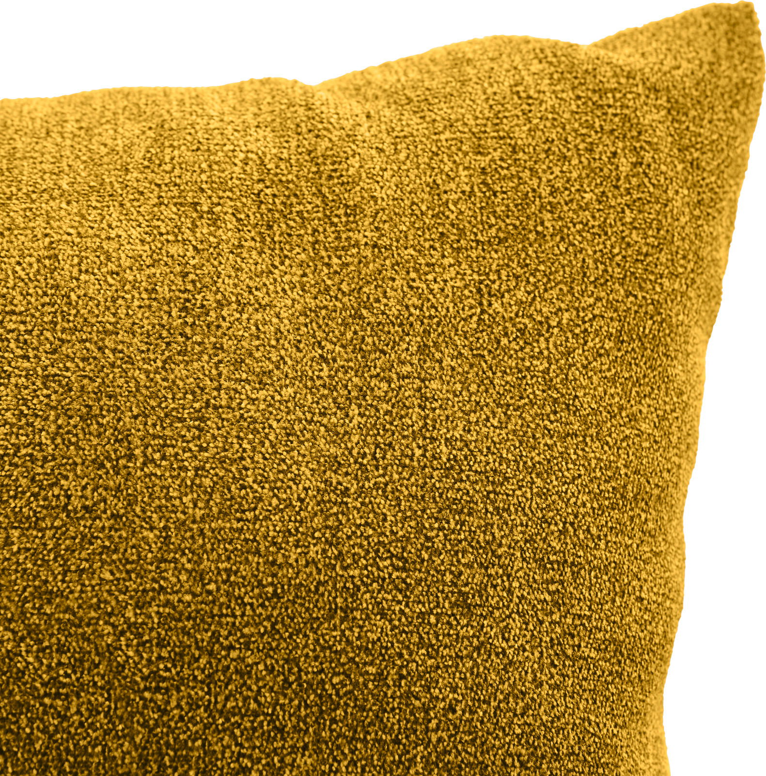 Nahaufnahme eines gelben Sofakissens mit weicher Textur, perspektivisch von der Seite aufgenommen.