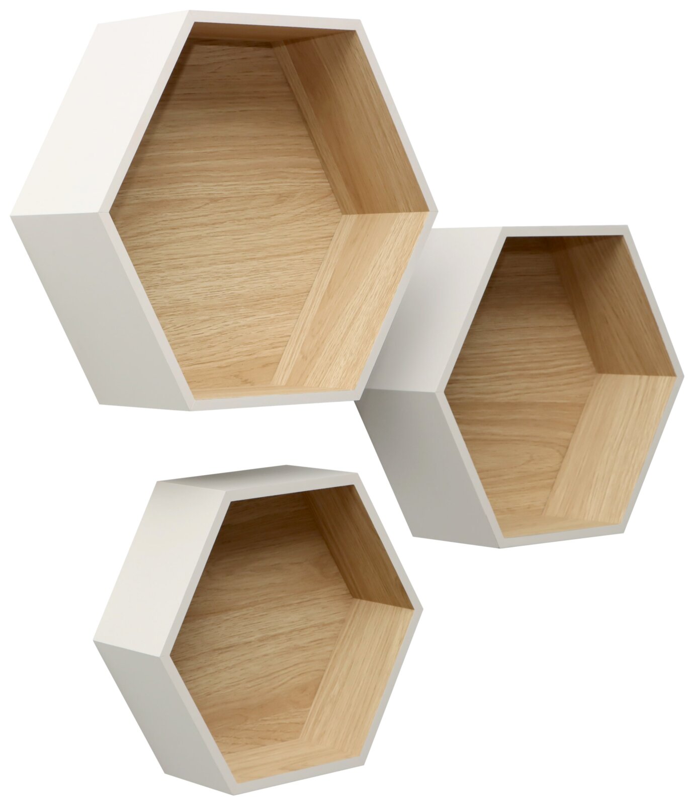 Set van drie zeshoekige wandplanken met witte buitenzijde en naturel houtlook, schuin van voren afgebeeld tegen een witte achtergrond