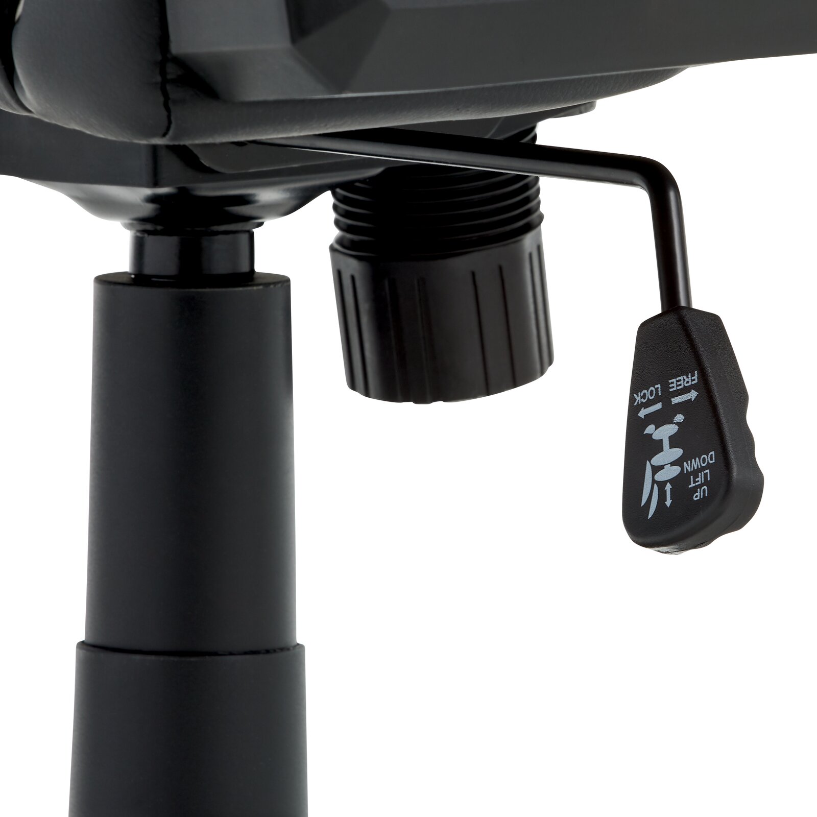 Nahaufnahme der Höhenverstellung eines Gaming-Stuhls von unten betrachtet