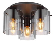 Moderne plafondlamp met drie zichtbare gloeilampen en transparante, cilindervormige glazen kappen, gezien van onderaf.