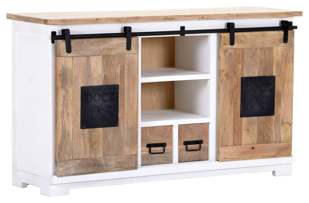 Rustikales Sideboard mit Schiebetüren aus Holz und Metallakzenten, Vorderansicht