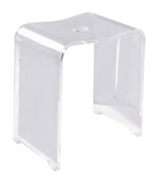 Transparenter Acryl-Hocker/Beistelltisch in U-Form mit abgerundeten Kanten, freigestellt auf weißem Hintergrund, Perspektive: leicht von oben in schräger Vorderansicht