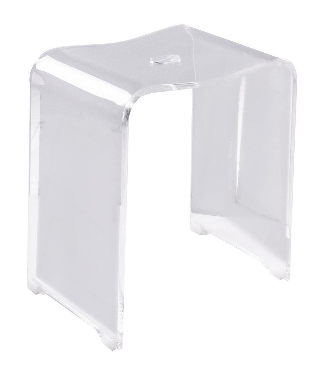 Transparenter Acryl-Hocker/Beistelltisch in U-Form mit abgerundeten Kanten, freigestellt auf weißem Hintergrund, Perspektive: leicht von oben in schräger Vorderansicht