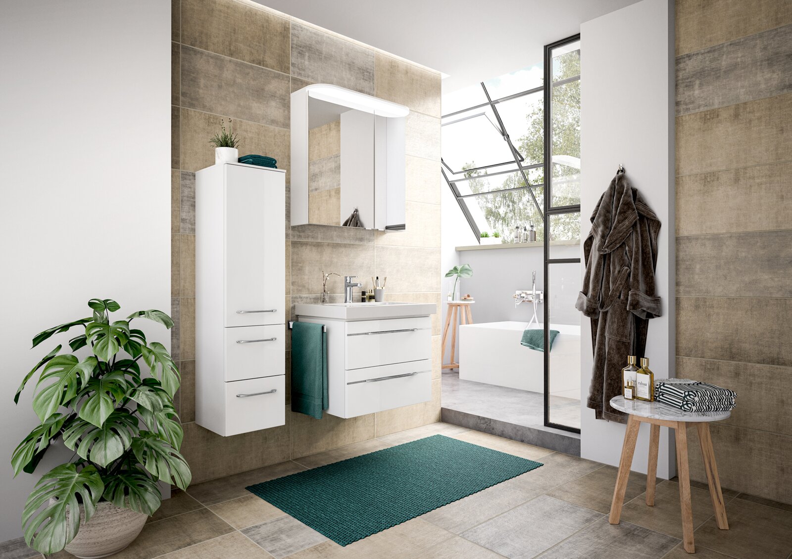Moderne Badezimmeransicht mit weißem Badblock, bestehend aus Waschbeckenunterschrank und hohem Schrank, vor einer stilvollen Wandverkleidung. Perspektive von vorne links.
