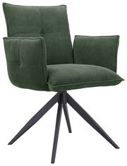 Grüner Armlehnstuhl mit modernem Design, aus Samtstoff, auf schwarzem Metallgestell, seitliche Perspektive