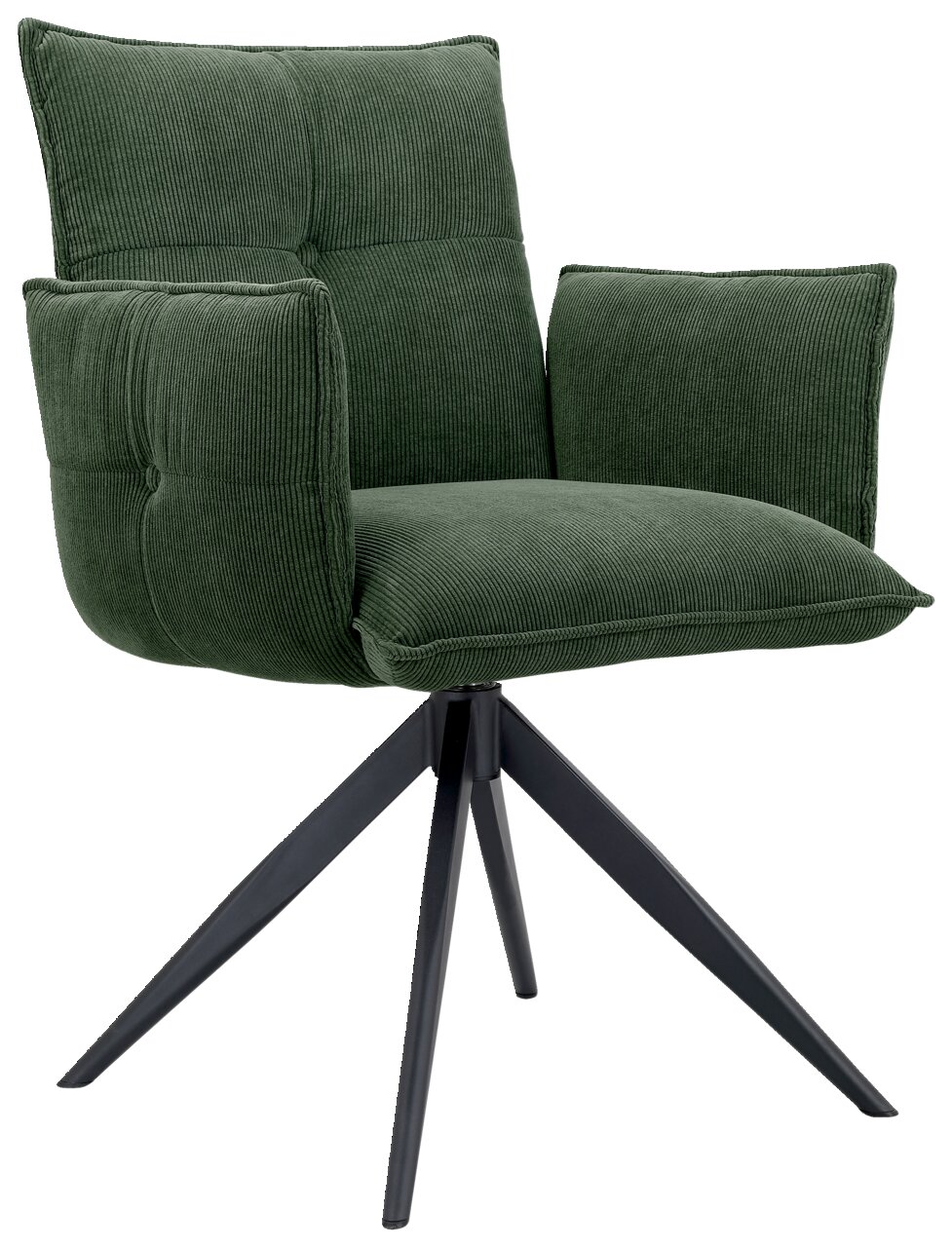 Novel Armlehnstuhl COCO Grüner Armlehnstuhl mit modernem Design, aus Samtstoff, auf schwarzem Metallgestell, seitliche Perspektive