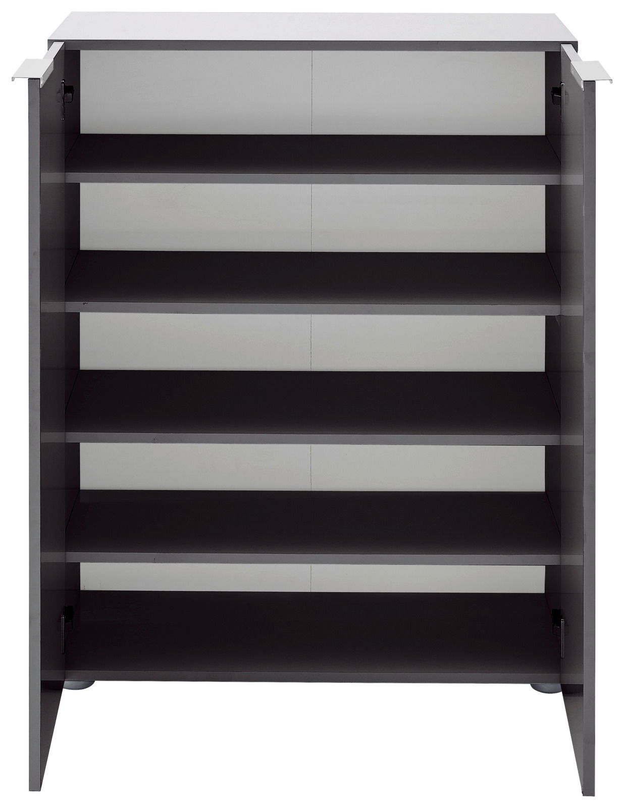 Frontansicht eines offenen Garderobenschranks mit mehreren Regalböden, Teil der Carryhome Garderobenkombination VICENZA.