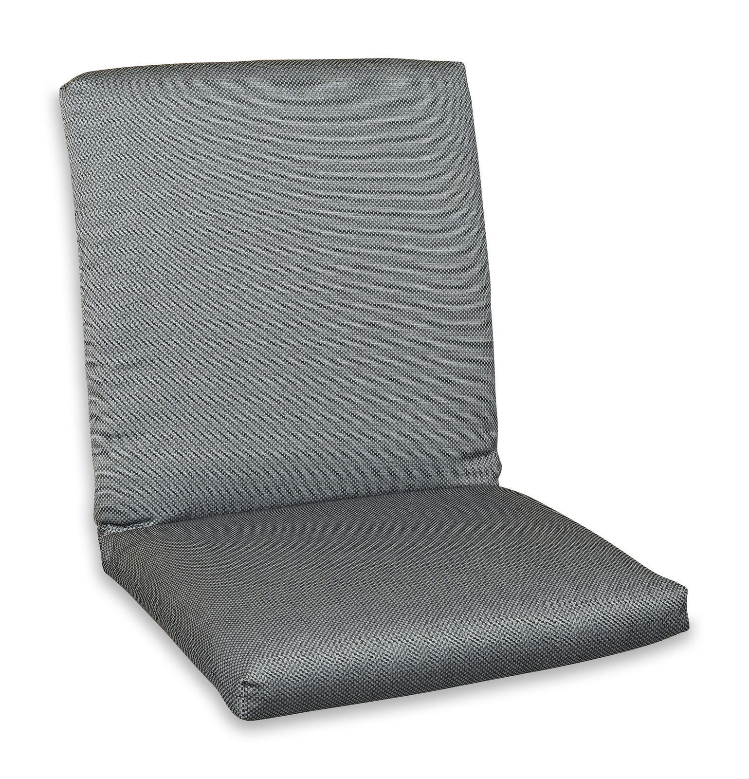 Graue Niederlehnerauflage in Vorderansicht, ideal für Gartenstühle.