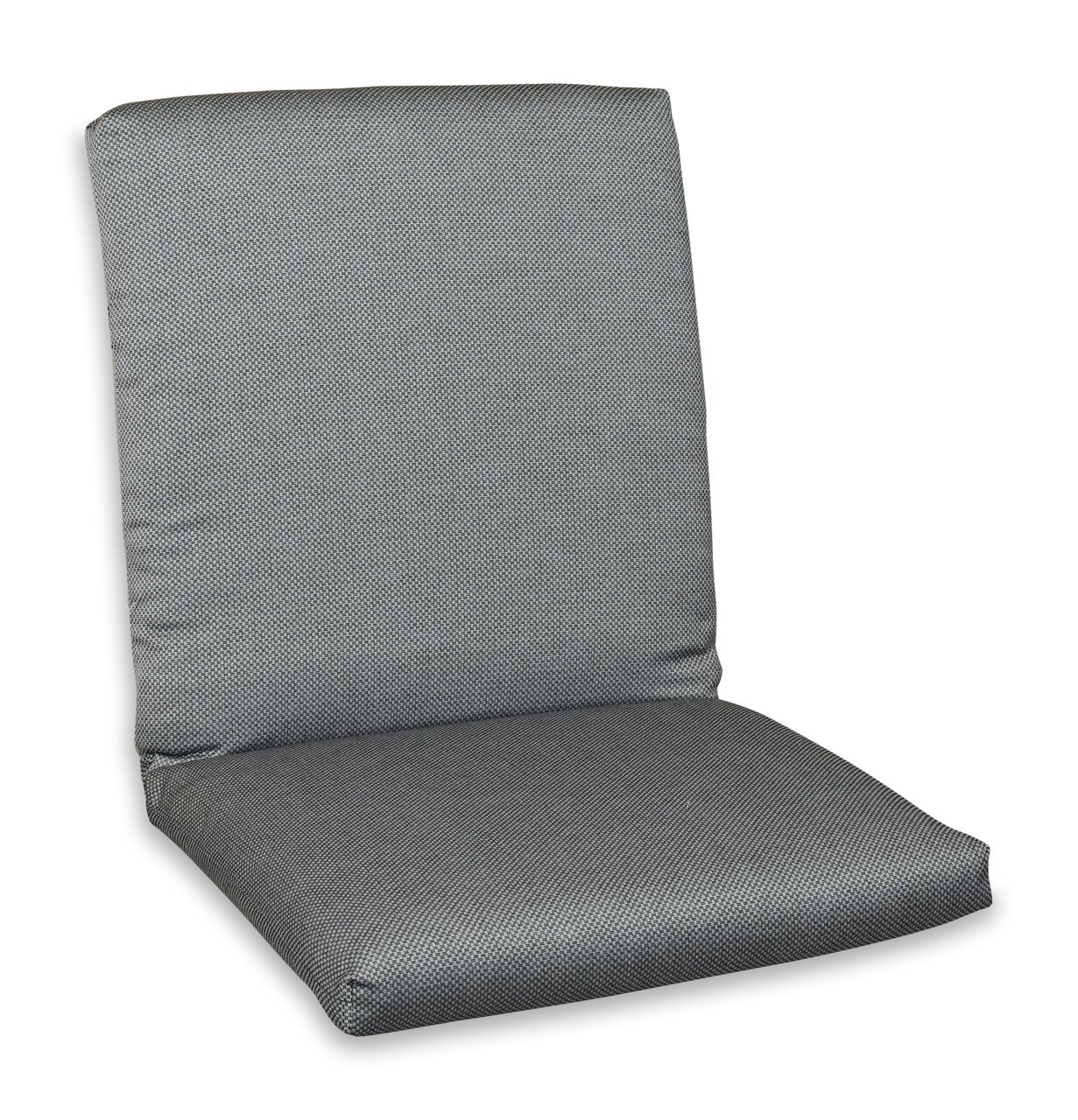 Graue Niederlehnerauflage in Vorderansicht, ideal für Gartenstühle.