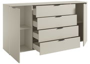 XL-Sideboard in hellem Beige mit vier offenen Schubladen und zwei offenen Türen, seitliche Perspektive