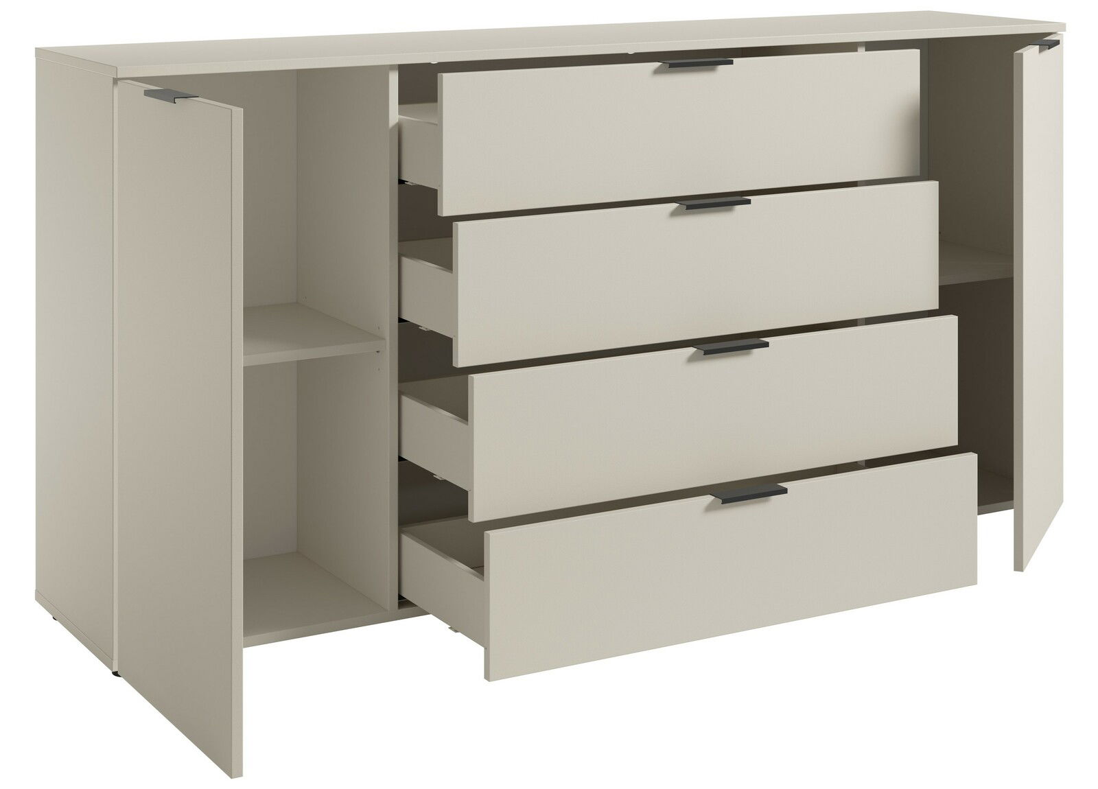 XL-Sideboard in hellem Beige mit vier offenen Schubladen und zwei offenen Türen, seitliche Perspektive