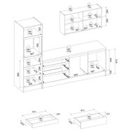 Technische Zeichnung eines Küchenblocks mit verschiedenen Schränken und Schubladen, seitliche Perspektive.