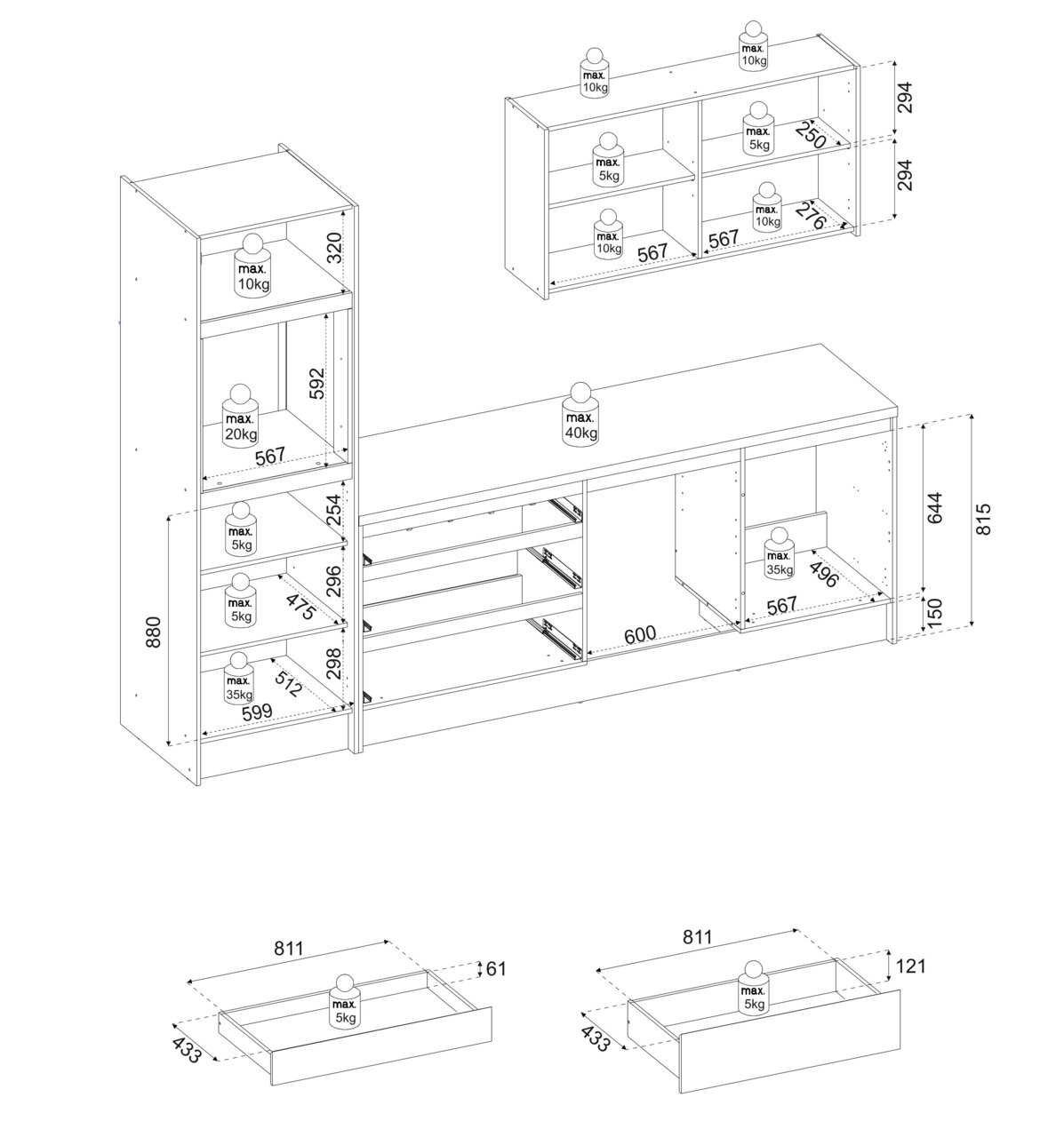 Technische tekening van een keukenblok met verschillende kasten en lades, zijaanzicht.
