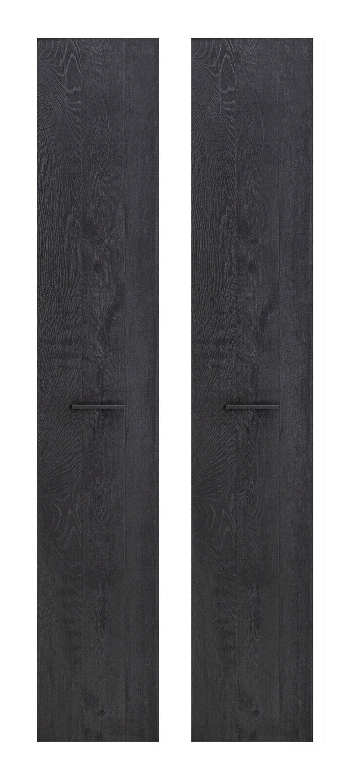 Venda Front-Set lang DAVID Zwei schwarze, vertikale Frontplatten mit Holzmaserung und horizontalem Griff, Vorderansicht.