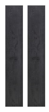 Zwei schwarze, vertikale Frontplatten mit Holzmaserung und horizontalem Griff, Vorderansicht.