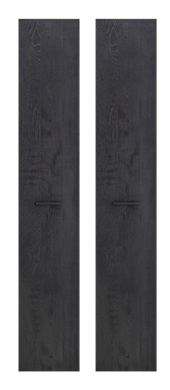Zwei schwarze, vertikale Frontplatten mit Holzmaserung und horizontalem Griff, Vorderansicht.