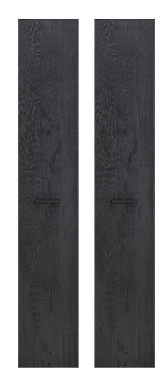 Zwei schwarze, vertikale Frontplatten mit Holzmaserung und horizontalem Griff, Vorderansicht.
