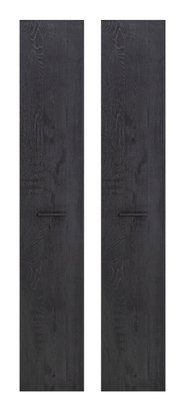 Zwei schwarze, vertikale Frontplatten mit Holzmaserung und horizontalem Griff, Vorderansicht.