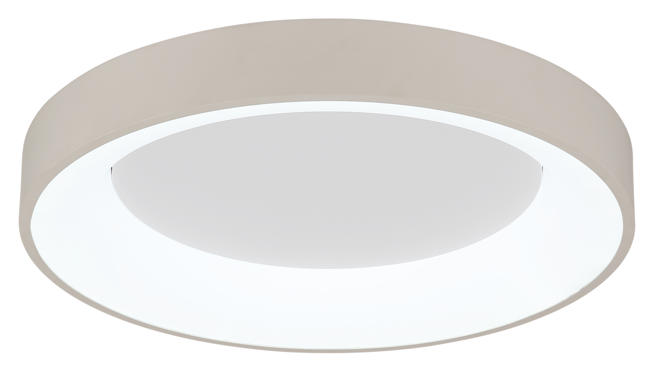 Runde LED-Deckenleuchte in seitlicher Perspektive, modernes Design mit weißem Rahmen.