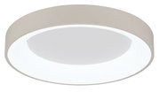 Runde LED-Deckenleuchte in seitlicher Perspektive, modernes Design mit weißem Rahmen.