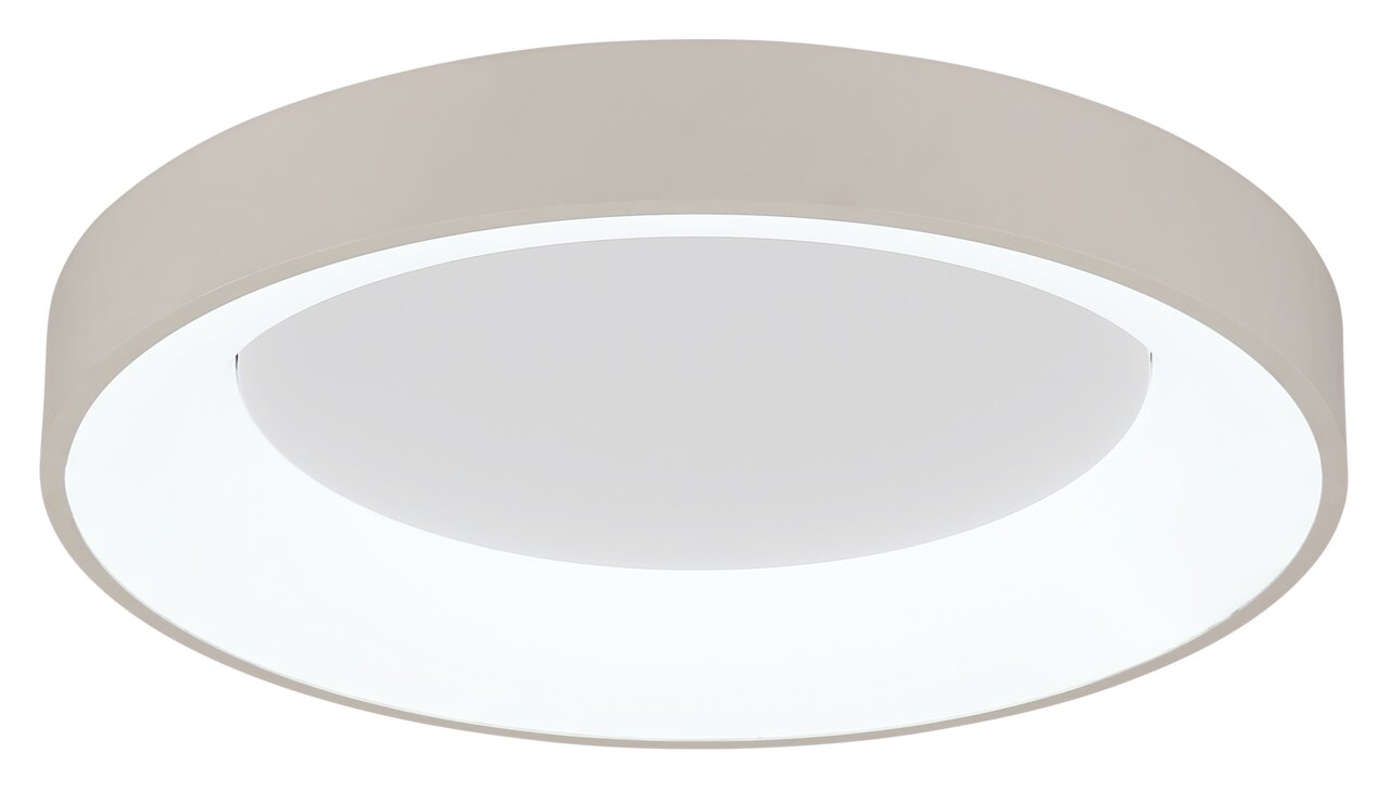 Ronde led-plafondlamp in zijaanzicht, modern ontwerp met wit frame.