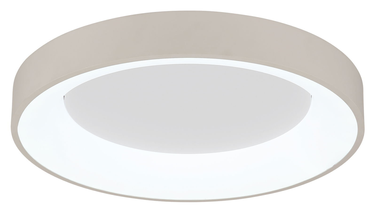 Runde LED-Deckenleuchte in seitlicher Perspektive, modernes Design mit weißem Rahmen.