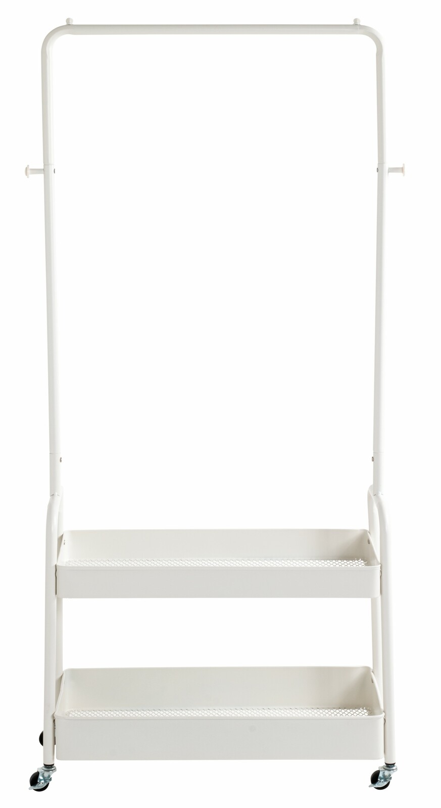 Weiße Rollgarderobe mit zwei Ablagefächern und Rollen, frontal abgebildet.