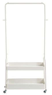 Weiße Rollgarderobe mit zwei Ablagefächern und Rollen, frontal abgebildet.