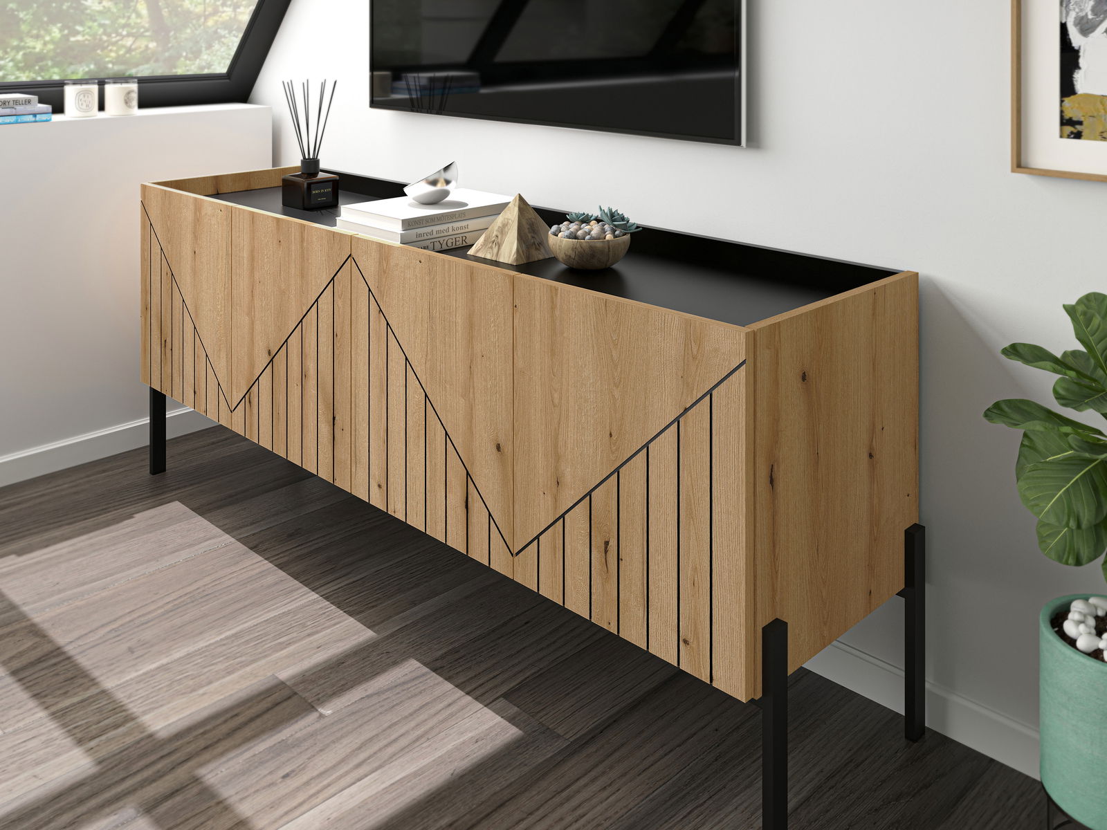 Modernes TV-Lowboard aus Holz mit geometrischem Design, seitliche Perspektive