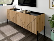 Modernes TV-Lowboard aus Holz mit geometrischem Design, seitliche Perspektive