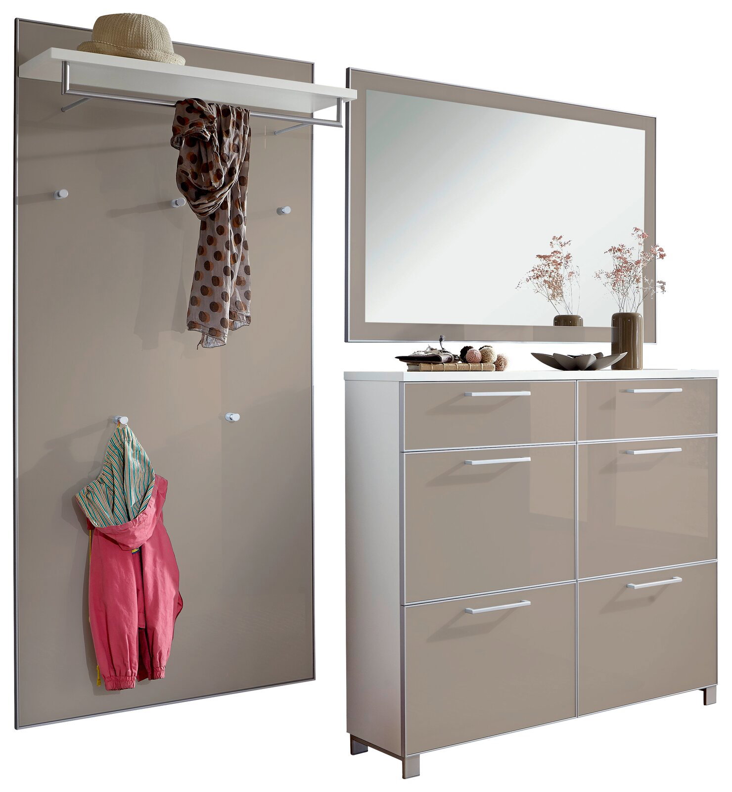 VOSS Garderoben-Set 3-tlg. SANTINA Garderoben-Set 3-tlg. bestehend aus einer Wandgarderobe mit Haken und Ablage, einem großen Spiegel und einem Schuhschrank mit mehreren Schubladen, seitliche Perspektive.