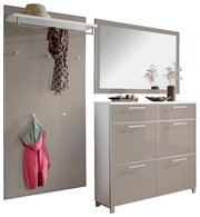 Garderoben-Set 3-tlg. bestehend aus einer Wandgarderobe mit Haken und Ablage, einem großen Spiegel und einem Schuhschrank mit mehreren Schubladen, seitliche Perspektive.