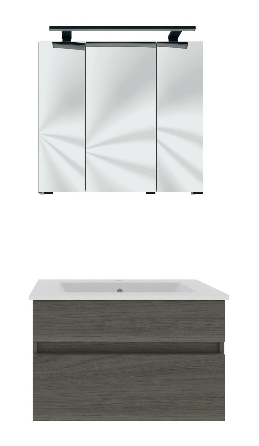 Moderner Badblock mit Spiegelschrank und Waschbeckenunterschrank in Holzoptik, Frontalansicht