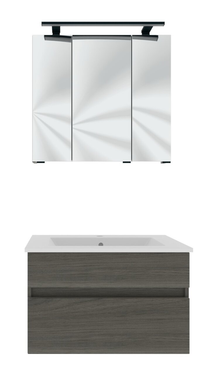 Novel Badblock NV.210 Moderner Badblock mit Spiegelschrank und Waschbeckenunterschrank in Holzoptik, Frontalansicht