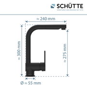 Schwarze Spültischarmatur von Schütte, seitliche Ansicht mit Abmessungen: Höhe ca. 300 mm, Ausladung ca. 240 mm, Durchmesser ca. 55 mm.