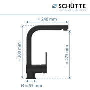 Schwarze Spültischarmatur von Schütte, seitliche Ansicht mit Abmessungen: Höhe ca. 300 mm, Ausladung ca. 240 mm, Durchmesser ca. 55 mm.