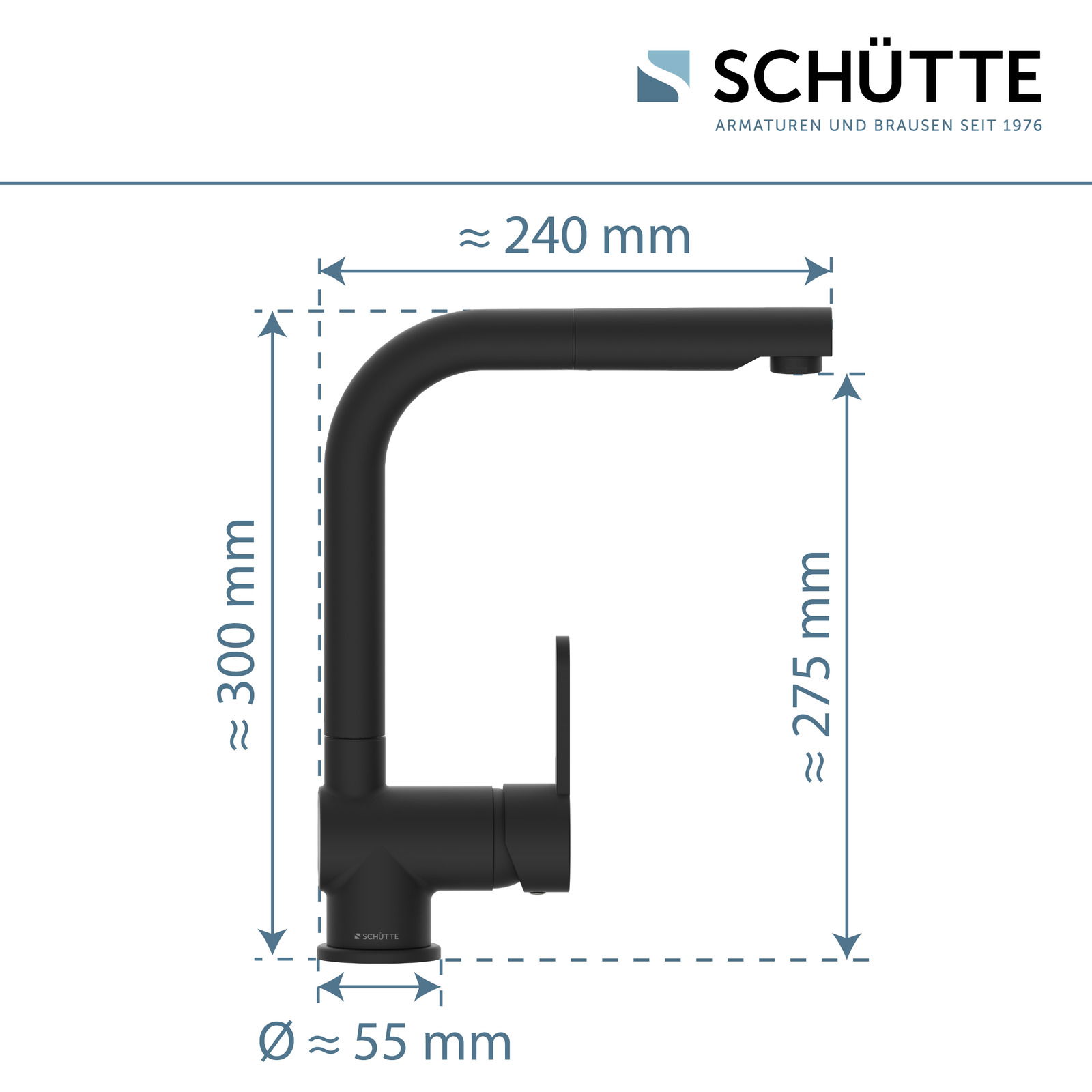 Schwarze Spültischarmatur von Schütte, seitliche Ansicht mit Abmessungen: Höhe ca. 300 mm, Ausladung ca. 240 mm, Durchmesser ca. 55 mm.