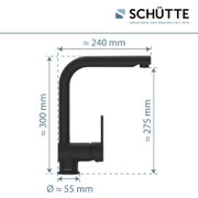 Schwarze Spültischarmatur von Schütte, seitliche Ansicht mit Abmessungen: Höhe ca. 300 mm, Ausladung ca. 240 mm, Durchmesser ca. 55 mm.