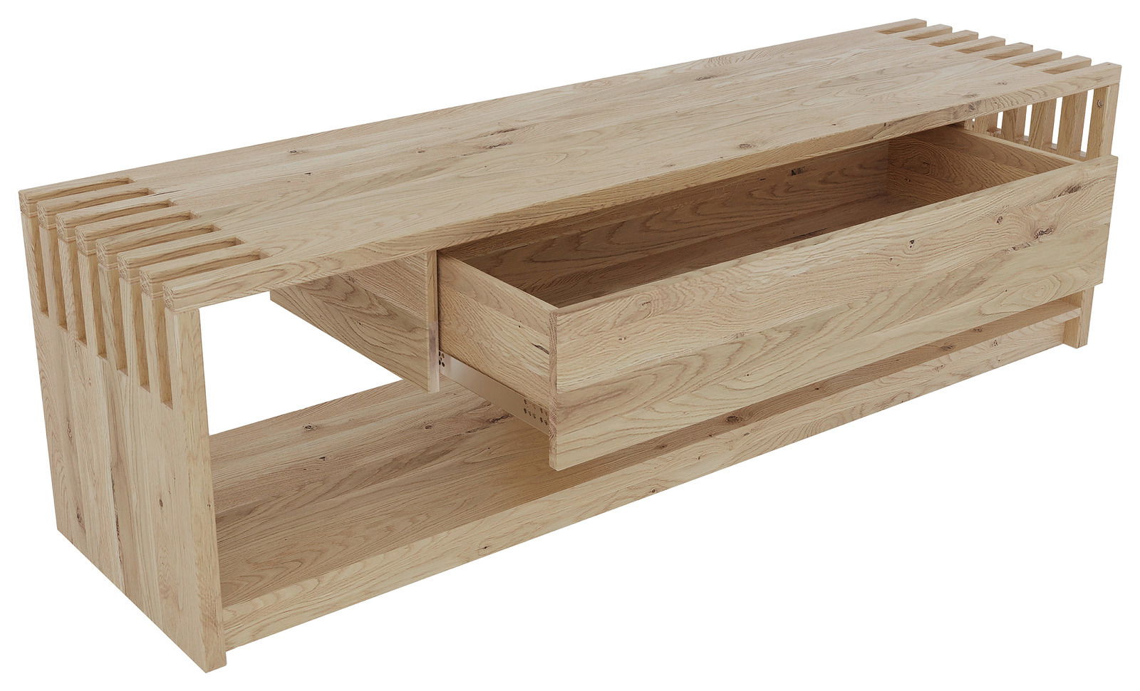 TV-Lowboard aus hellem Holz mit offener Schublade, seitliche Perspektive