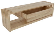 TV-Lowboard aus hellem Holz mit offener Schublade, seitliche Perspektive