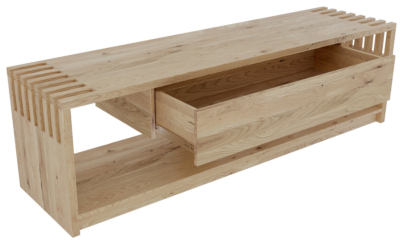 TV-Lowboard aus hellem Holz mit offener Schublade, seitliche Perspektive