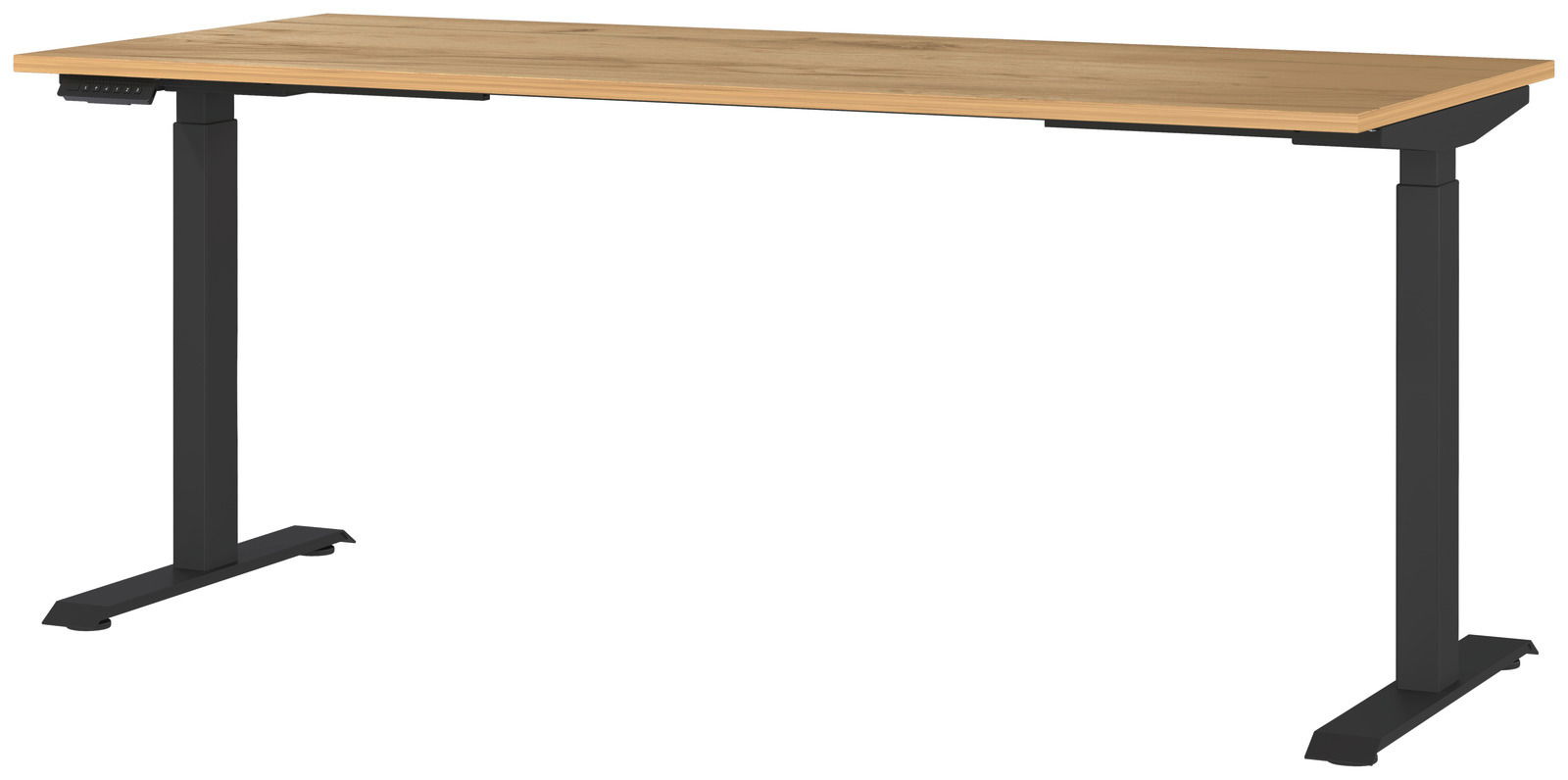 Elektrisch höhenverstellbarer Schreibtisch mit Holzplatte und schwarzen Metallbeinen, seitliche Perspektive