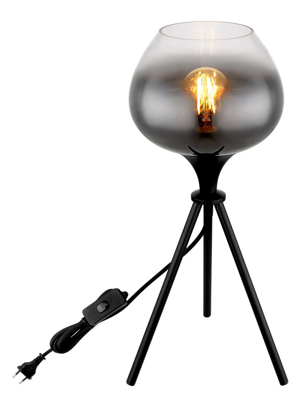 Globo Lighting Tischleuchte MAXY MAXY Moderne Tischleuchte mit schwarzem Dreibein-Stativ und rauchgrauem Glaslampenschirm, seitliche Perspektive